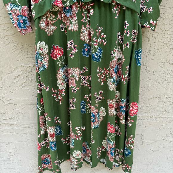 Kiyonna Dress Green Velour Floral Size 2X Midi Faux Wrap Made in USA Plus - Picture 6 of 7